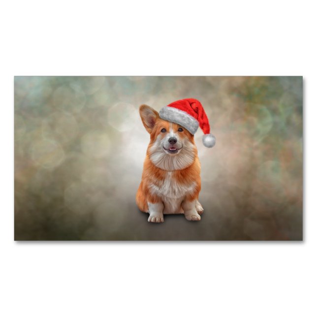 Welsh Corgi in red hat of Santa Claus Business Card Magnet (Front)