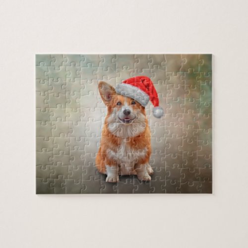 Welsh Corgi in red hat of Santa Claus Jigsaw Puzzle