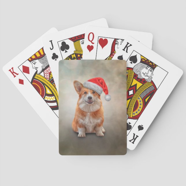 Welsh Corgi in red hat of Santa Claus Poker Cards (Back)