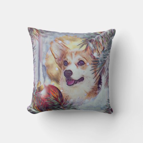 Welsh Corgi in Winter Window Throw Pillow