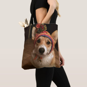 Welsh Corgi Pembroke Wearing A Hand Knitted Hat Tote Bag