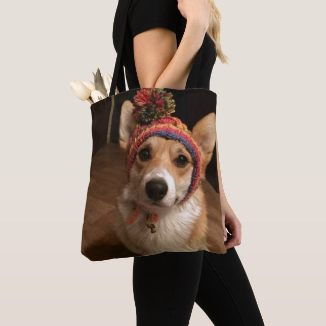 Welsh Corgi Pembroke Wearing A Hand Knitted Hat Tote Bag (Close Up)