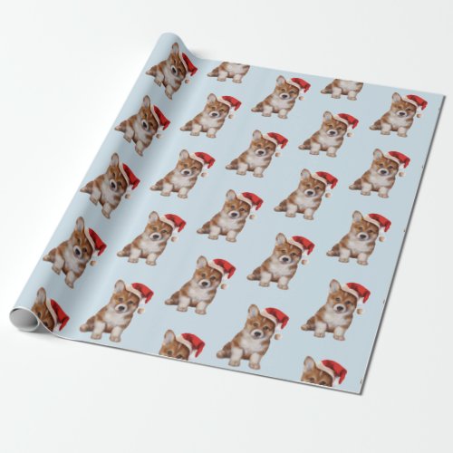 Welsh Corgi puppy in red hat of Santa Claus Wrapping Paper