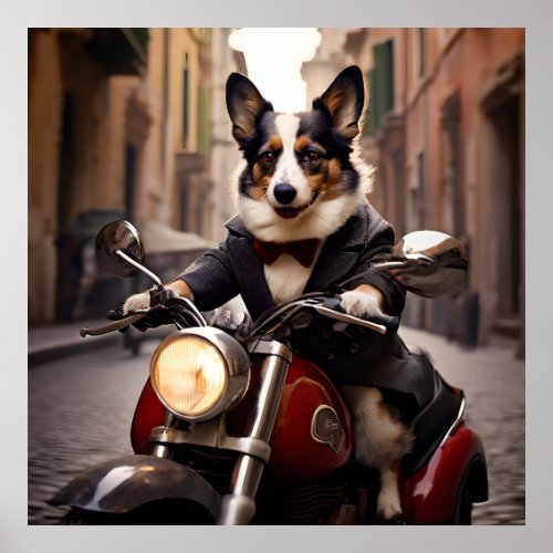 Welsh Corgi racing the streets of Rome on a Vespa Poster