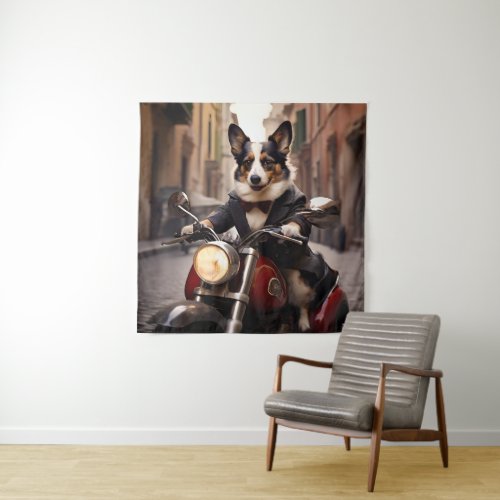 Welsh Corgi racing the streets of Rome on a Vespa Tapestry