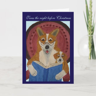 Welsh Corgi reading Christmas Story to Puppy Card