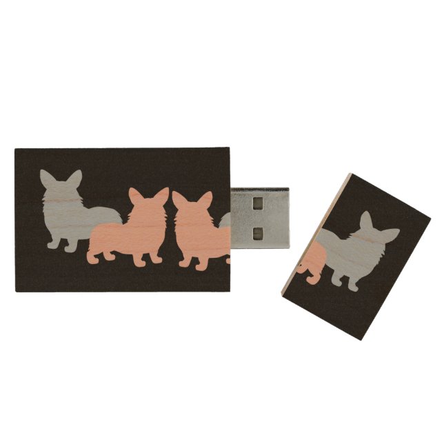 Welsh Corgi Silhouettes Wood USB Flash Drive (Opened)