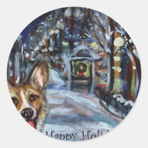 Welsh Corgi Xmas Wintry scene Classic Round Sticker