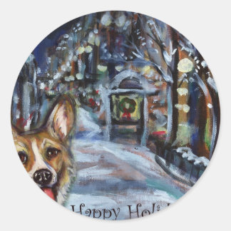 Welsh Corgi Xmas Wintry scene Classic Round Sticker