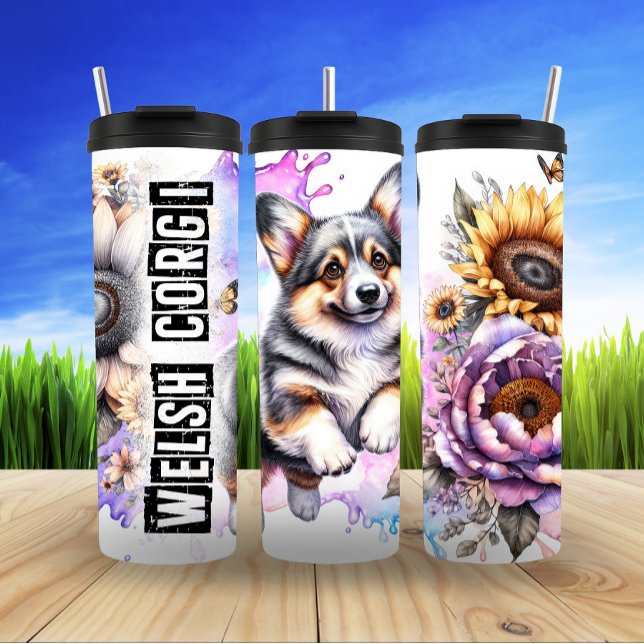 Welsh Corgi's Playful Bloom Thermal Tumbler (Creator Uploaded)
