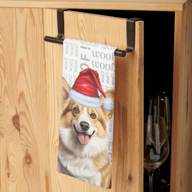 Welsh Corig Dog in Santa Hat Woof Christmas Kitchen Towel (Thirds Fold)