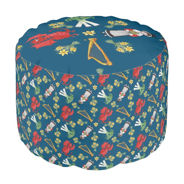 Welsh Costume and Emblems, Blue Round Pouf (Angled Front)