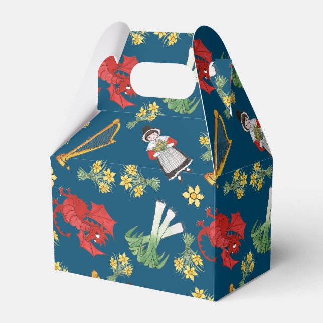 Welsh Costume and Emblems on Blue Gable Favor Box (Front Side)