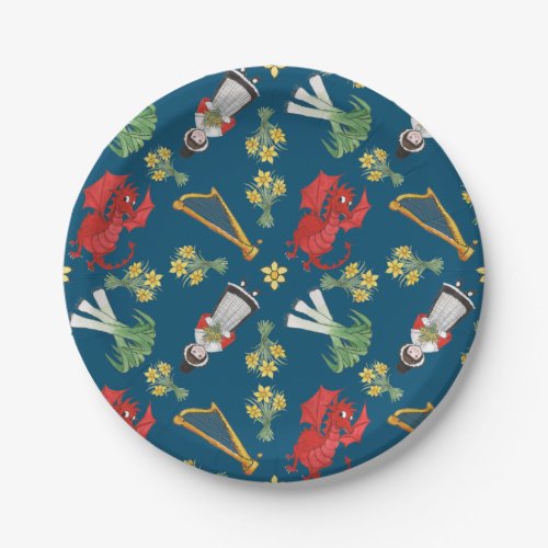 Welsh Costume and Emblems on Blue Paper Plates