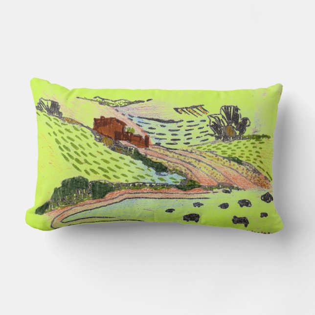 Welsh Countryside in lime green doodle sketch art Lumbar Pillow (Front)