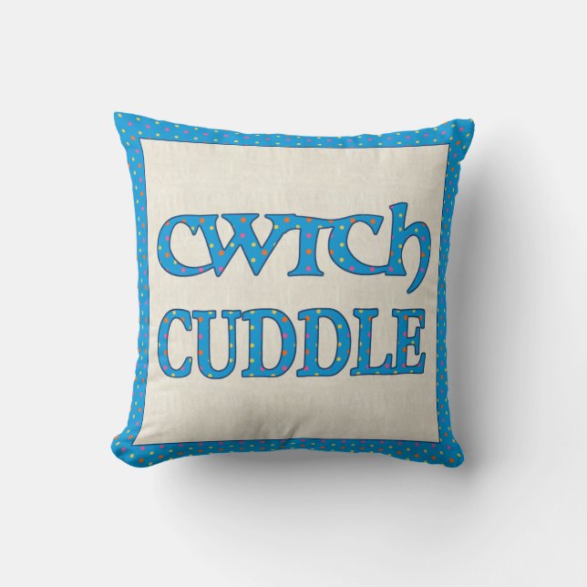 Welsh Cwtch Throw Pillow, Cushion, Polkas on Blue Throw Pillow (Front)