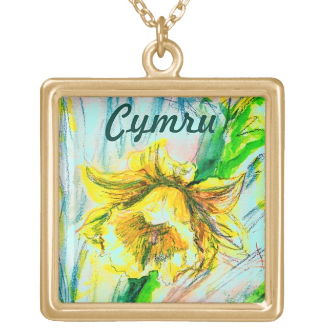 Welsh Daffodil, add your text Gold Plated Necklace (Front)