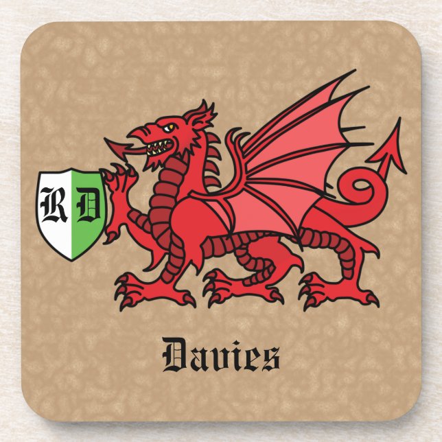 Welsh Dragon Custom Name and Monogram Beverage Coaster (Front)