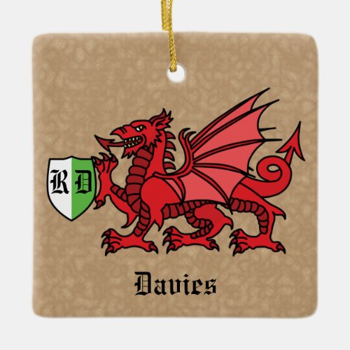 Welsh Dragon Custom Name and Monogram Ceramic Ornament