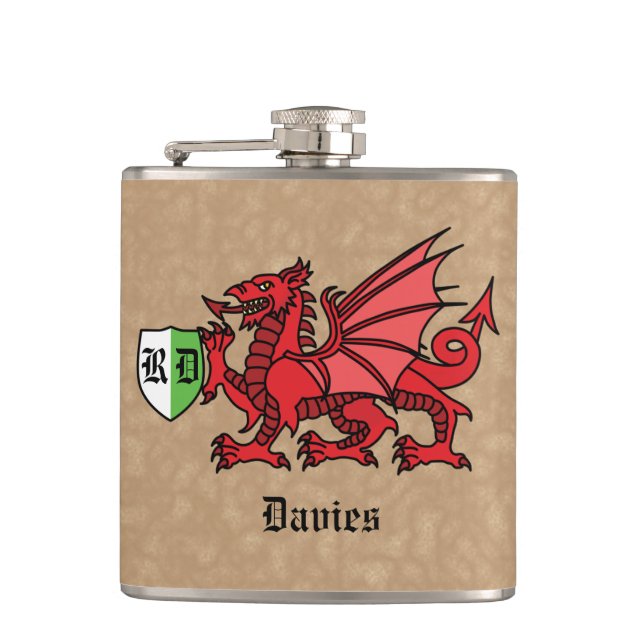 Welsh Dragon Custom Name and Monogram Flask (Front)
