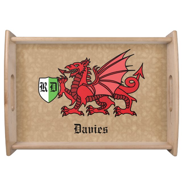 Welsh Dragon Custom Name and Monogram Serving Tray (Front)
