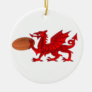Welsh Dragon With a Rugby Ball Ceramic Ornament