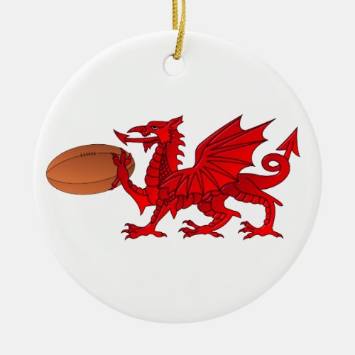 Welsh Dragon With a Rugby Ball Ceramic Ornament