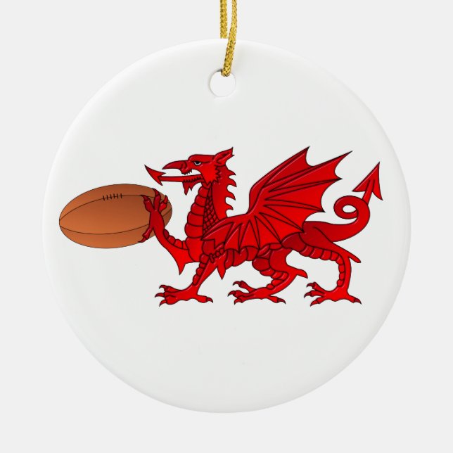 Welsh Dragon With a Rugby Ball Ceramic Ornament (Front)