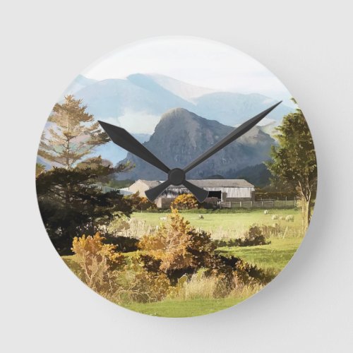 WELSH FARM AND MOUNTAIN LANDSCAPE ROUND CLOCK