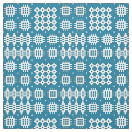 Welsh Faux Tapestry Teal Blue on White Pattern Fabric