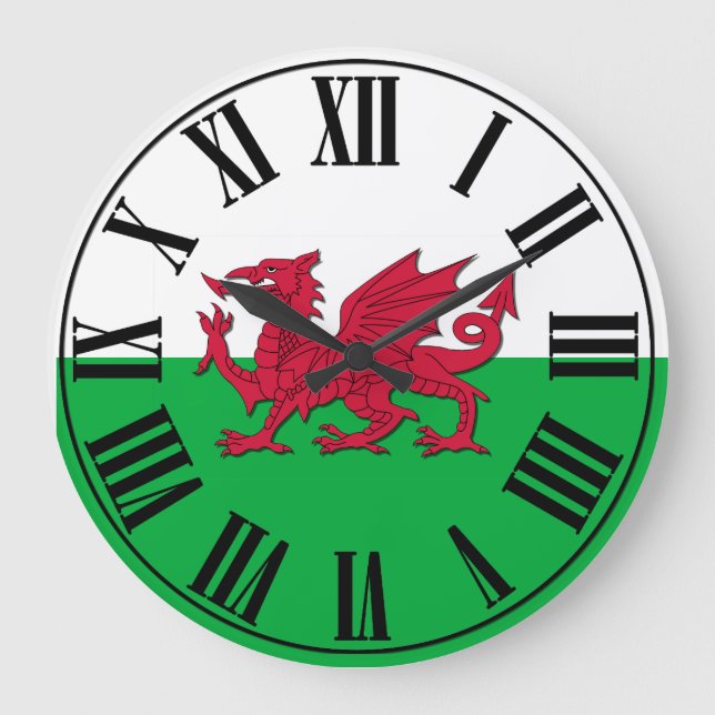 Welsh Flag - Green and White backed, Red Dragon Large Clock (Front)