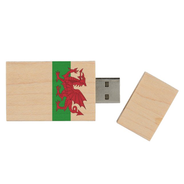 Welsh Flag (Wales) (Welsh Dragon) Wood Flash Drive (Opened)