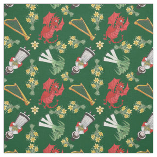 Welsh Girl Dragons Leeks Daffodils Harps on Green Fabric