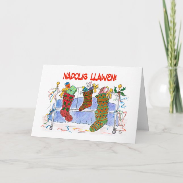 Welsh Language Greeting Christmas Stockings Card (Front)