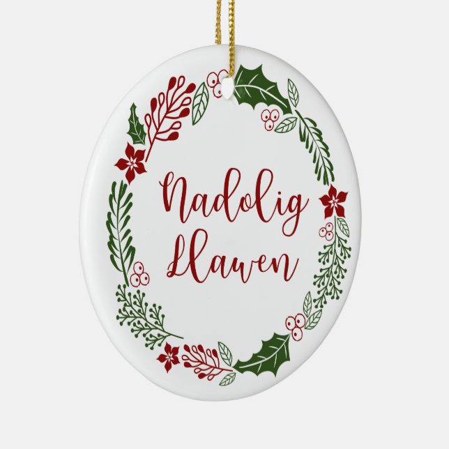 Welsh Merry Christmas Wreath, Nadolig Llawen Ceramic Ornament (Right)