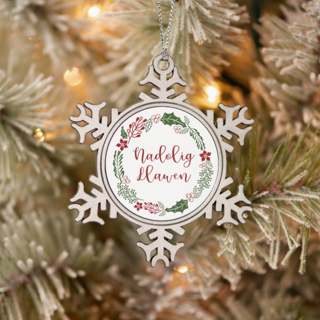 Welsh Merry Christmas Wreath, Nadolig Llawen Snowflake Pewter Christmas Ornament (Tree)