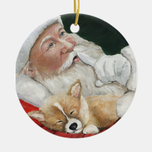 Welsh Pembroke Corgi and Santa Art Ornament (Front)