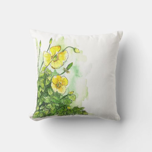 Welsh Poppy in Ink and Wash  Throw Pillow