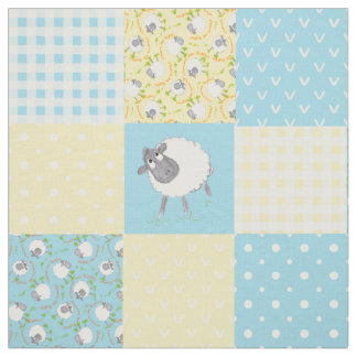 Welsh Sheep Faux Patchwork Blue Yellow Gingham Fabric