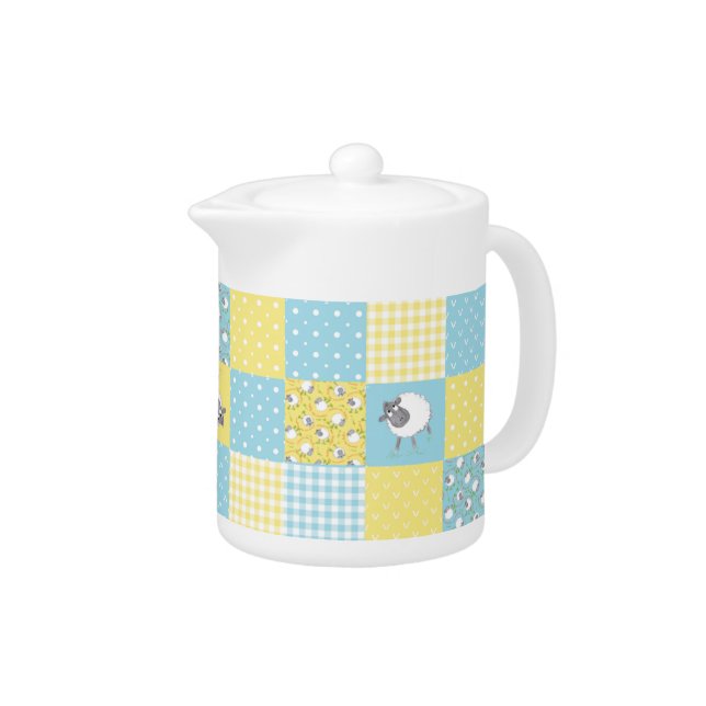 Welsh Sheep, Faux Patchwork, Country-Style Teapot (Right)