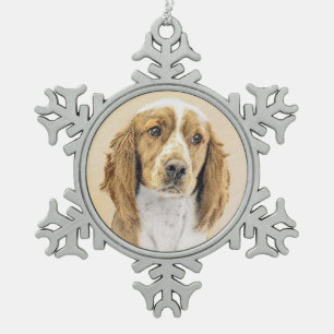 Welsh Springer Spaniel Painting - Original Dog Art Snowflake Pewter Christmas Ornament