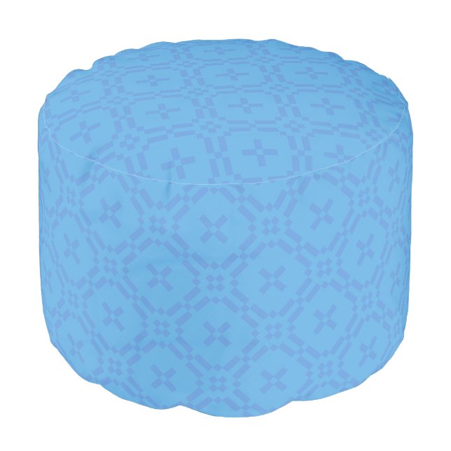 Welsh Tapestry Pattern, Chic Blue Round Pouf (Angled Front)
