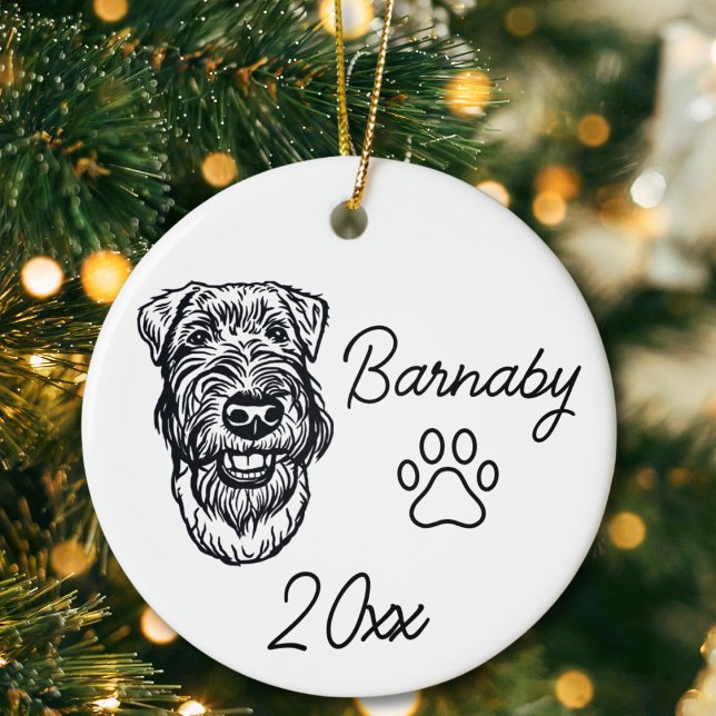 Welsh Terrier Dog Custom Name & Year Line Art Ceramic Ornament (Welsh Terrier Dog Custom Name and Year Ornament with Paw Print. Black and White Line Art Modern)