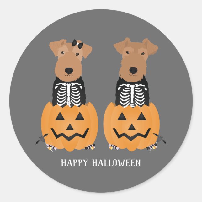 Welsh Terrier Halloween Skeleton Classic Round Sticker (Front)