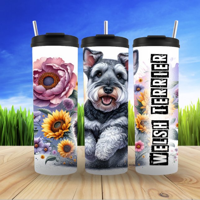 Welsh Terrier in Floral Illustration Thermal Tumbler (Creator Uploaded)