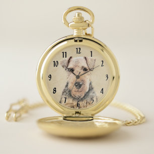 Welsh Terrier Painting - Cute Original Dog Art Pocket Watch