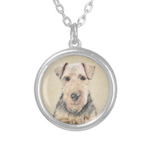 Welsh Terrier Painting - Cute Original Dog Art Silver Plated Necklace
