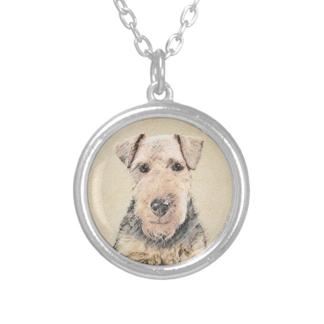 Welsh Terrier Painting - Cute Original Dog Art Silver Plated Necklace (Front)