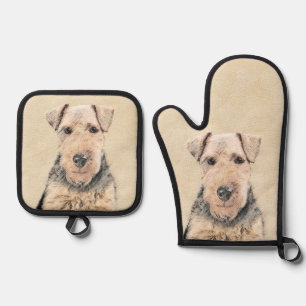 Welsh Terrier Painting WT Cute Original Dog Art Oven Mitt & Pot Holder Set