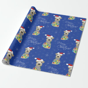 Welsh Terrier Paw Prints Blue Christmas Wrapping Paper